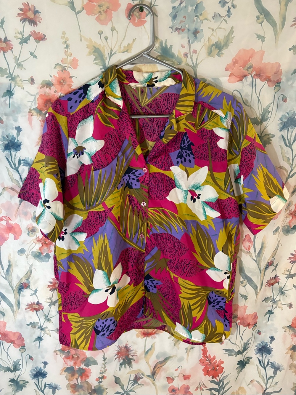 Vintage Tropical Floral Camp Shirt - Vibrant Magenta & White